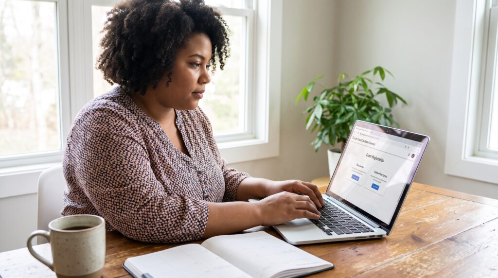 Une femme assise à une table, travaillant sur un ordinateur portable, avec une tasse et un carnet à ses côtés.