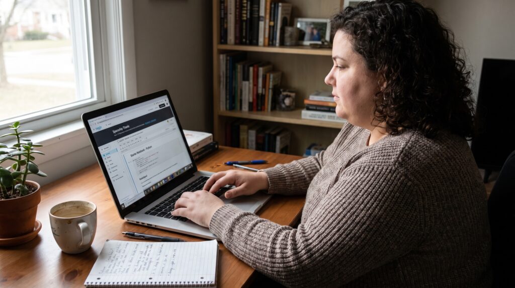 Femme assise à un bureau, utilisant un ordinateur portable et prenant des notes sur un carnet, illustrant le travail à distance.
