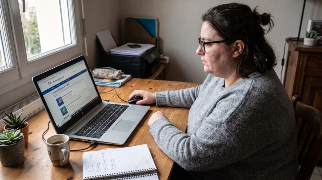 Femme assise à une table en bois, travaillant sur un ordinateur portable avec un carnet et une tasse à côté d'elle, dans un environnement lumineux.