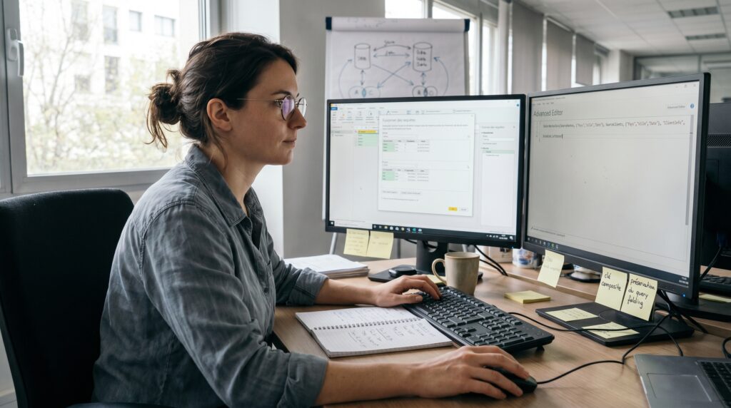 Une femme utilisant des ordinateurs avec des écrans affichant des formules Power Query dans un bureau.