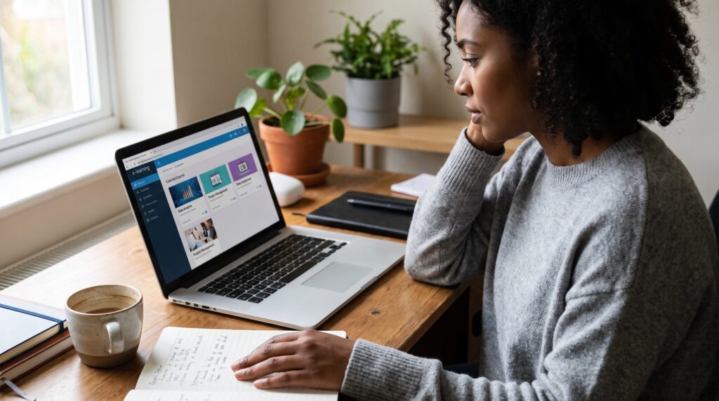 Femme concentrée à son bureau, utilisant un ordinateur portable pour des recherches ou des études.