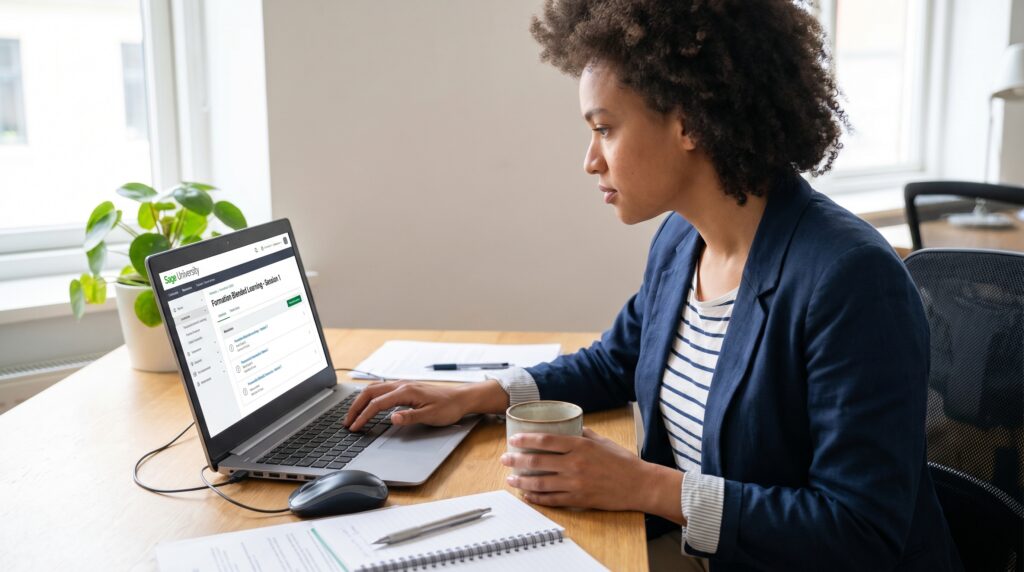 Une femme travaillant sur un ordinateur portable, consultant le logiciel Sage de gestion d'entreprise, avec une tasse à la main sur un bureau en bois.