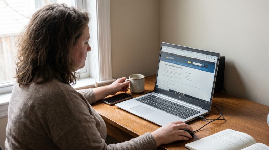 Une femme assise à un bureau, utilisant un ordinateur portable pour programmer avec Python.