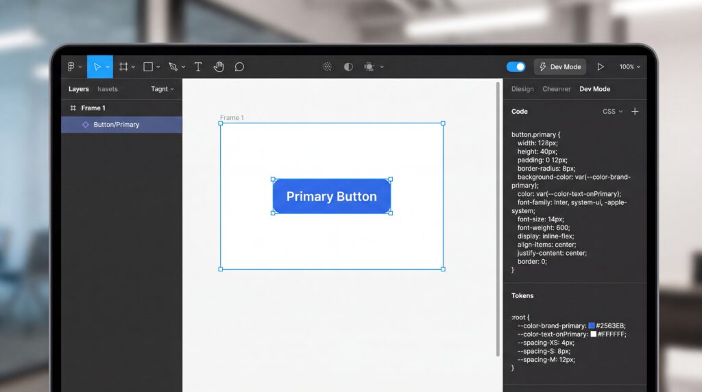 Interface de Figma affichant un bouton principal sur un écran, accompagné d'options de personnalisation.