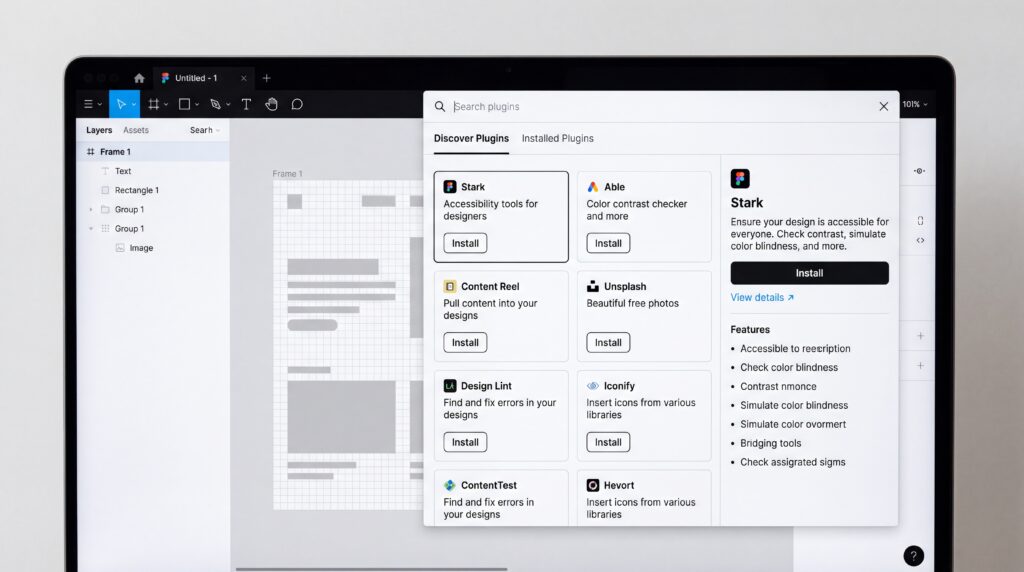 Interface de Figma montrant différentes fonctionnalités et outils disponibles pour la conception.