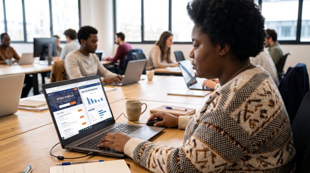 Une personne travaillant sur un ordinateur portable pendant une session de formation en bootcamp, avec des collègues concentrés autour dans un espace de coworking.