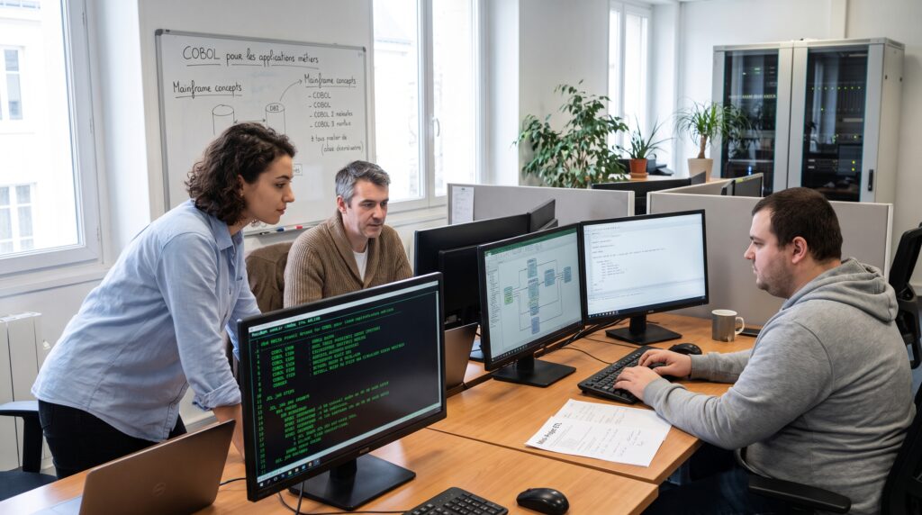 Groupe de professionnels discutant autour de plusieurs ordinateurs lors d'une séance de formation COBOL.