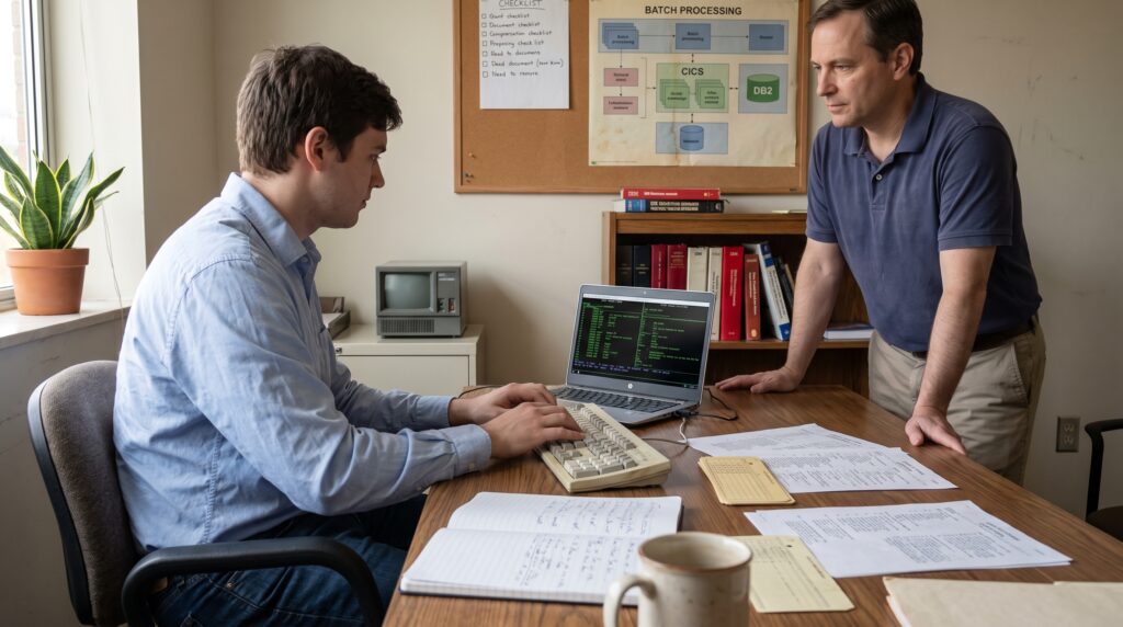 Deux hommes discutant des concepts de programmation COBOL autour d'une table avec un ordinateur portable et des documents.