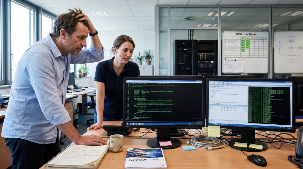 Deux professionnels examinant du code sur des écrans d'ordinateur dans un bureau.