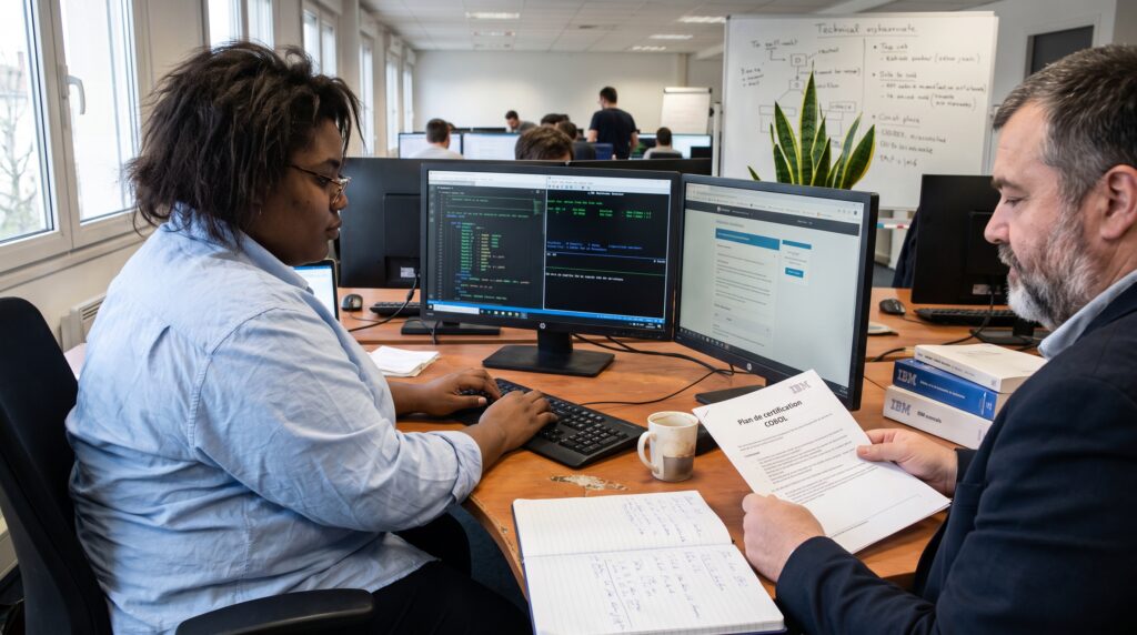 Deux professionnels en formation COBOL, l'un utilisant un ordinateur, l'autre consultant des documents, dans un environnement de bureau moderne.