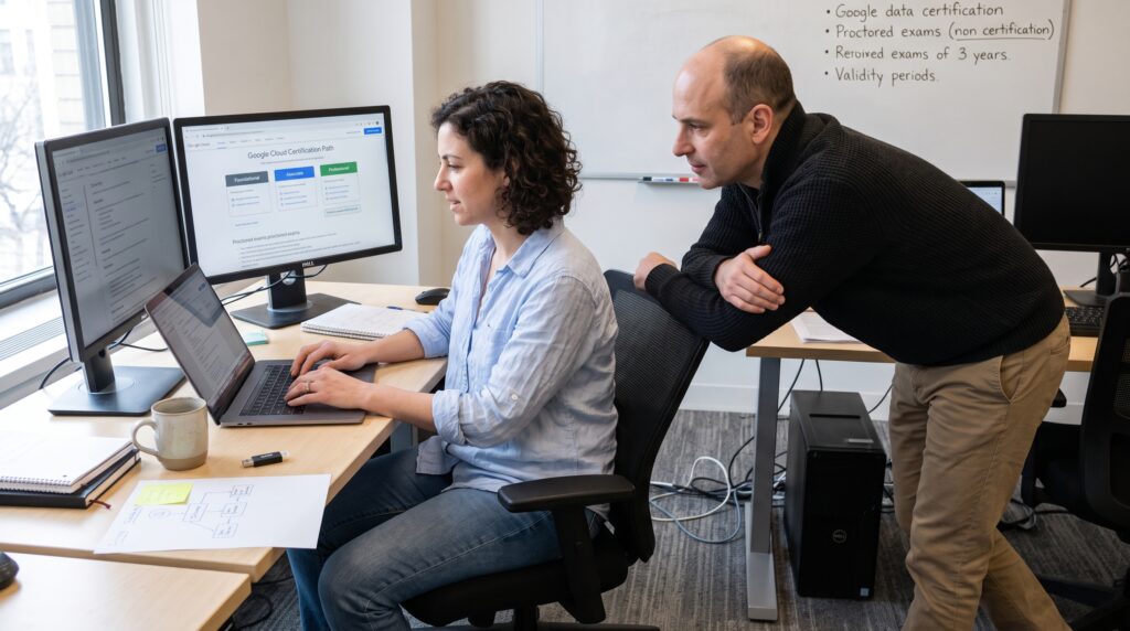 Une femme travaillant sur un ordinateur portable avec deux écrans, tandis qu'un homme la conseille sur ses certifications en Google Cloud Platform.