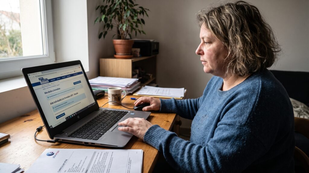 Femme travaillant sur un ordinateur portable, s'inscrivant à une formation cybersécurité à son bureau.