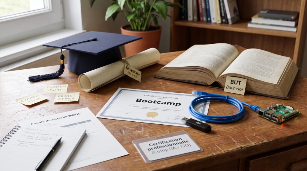 Bureau avec des documents de formation en cybersécurité, un diplôme, un livre ouvert, et un chapeau de diplômé.