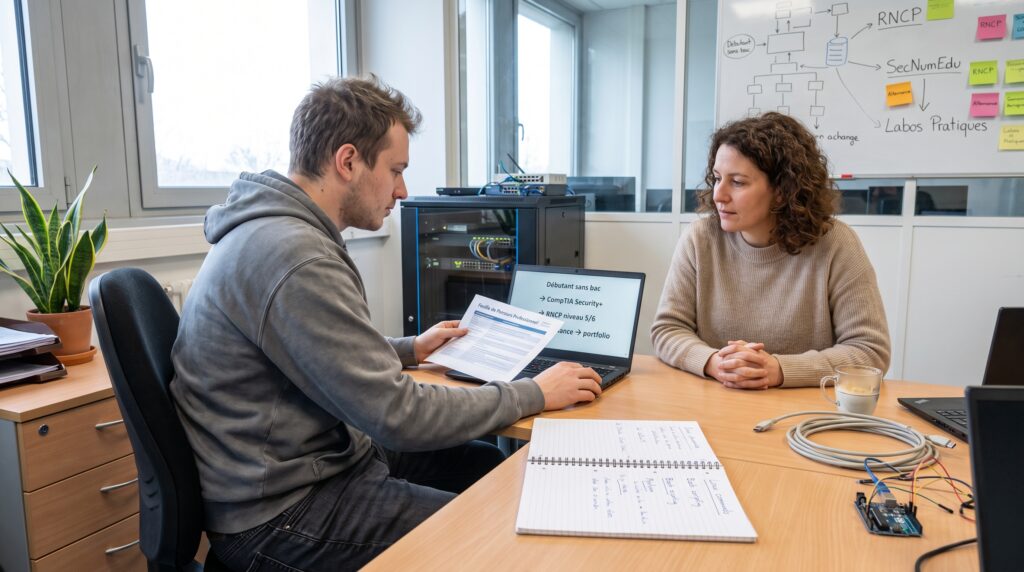 Deux personnes discutant de formations en cybersécurité lors d'une réunion dans un bureau moderne.