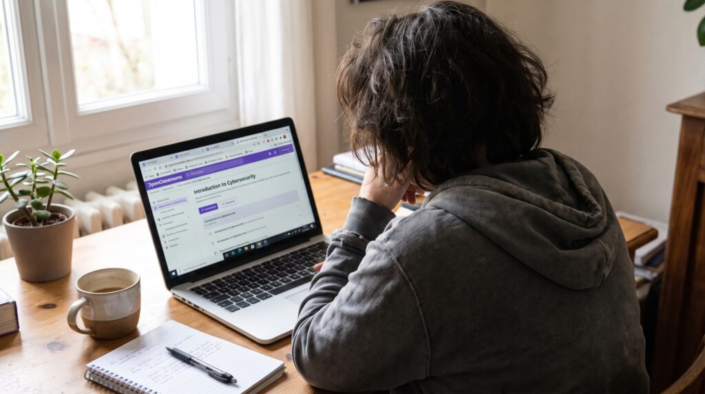 Une personne travaillant sur un ordinateur portable à domicile, concentrée sur une formation en cybersécurité.