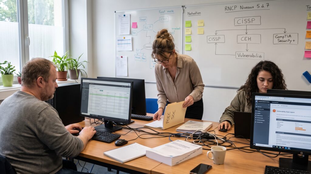 Une équipe travaillant sur des ordinateurs dans un bureau, avec des documents et un tableau blanc au fond, soulignant la collaboration dans la formation en cybersécurité.