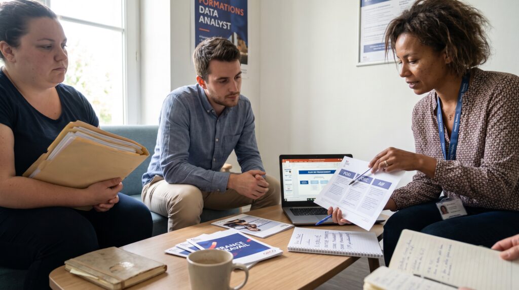 Une formatrice présente des documents lors d'une séance de formation sur le métier de Data Analyst, avec des participants attentifs dans un environnement de bureau.