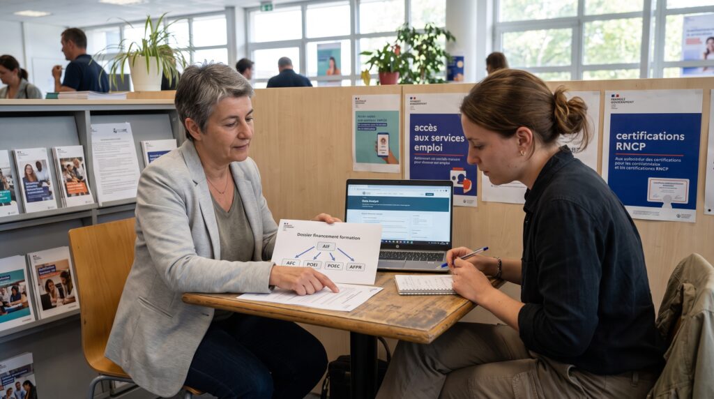 Deux femmes discutant autour d'une table, l'une montrant des documents sur la formation de Data Analyst, dans un environnement de bureau.