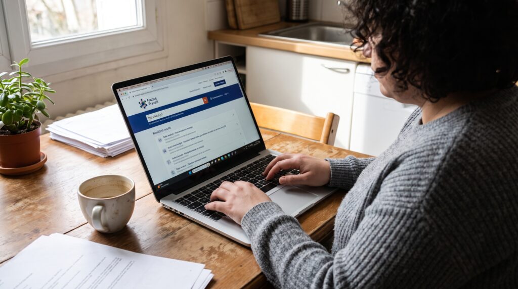 Femme travaillant sur un ordinateur portable dans une cuisine, consultant un site dédié à la formation de Data Analyst.