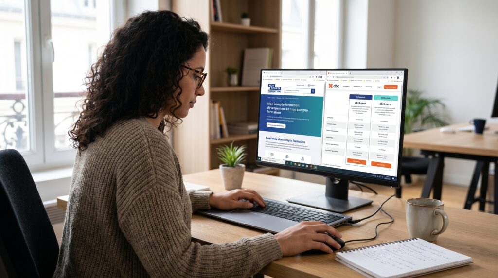 Une personne utilisant un ordinateur sur un bureau, examinant des informations sur un écran avec des données présentées.