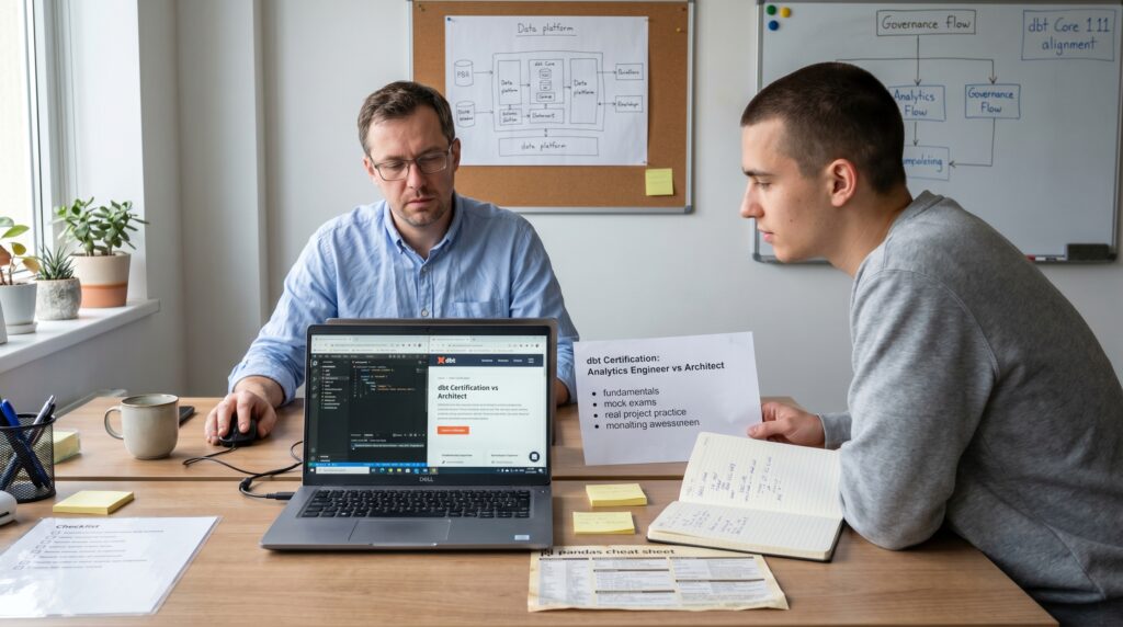 Deux personnes en réunion discutant de la transformation des données, avec un ordinateur portable affichant un code et des notes sur la table.