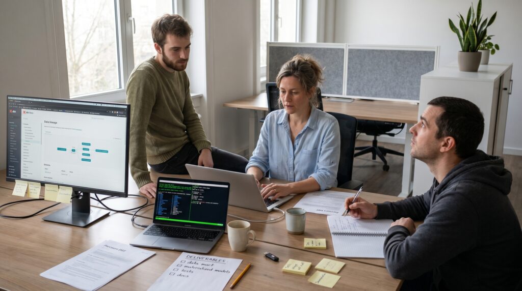 Trois professionnels collaborant autour d'une table, discutant des données avec des ordinateurs et des notes autocollantes sur le bureau.