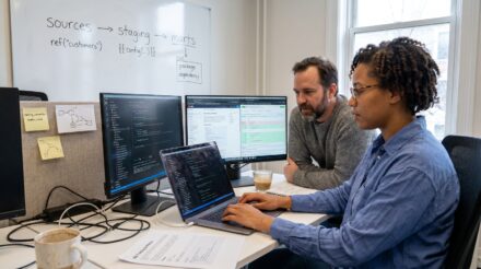 Deux personnes travaillant sur des ordinateurs avec des écrans affichant du code et des graphiques, discutant des techniques de transformation des données.