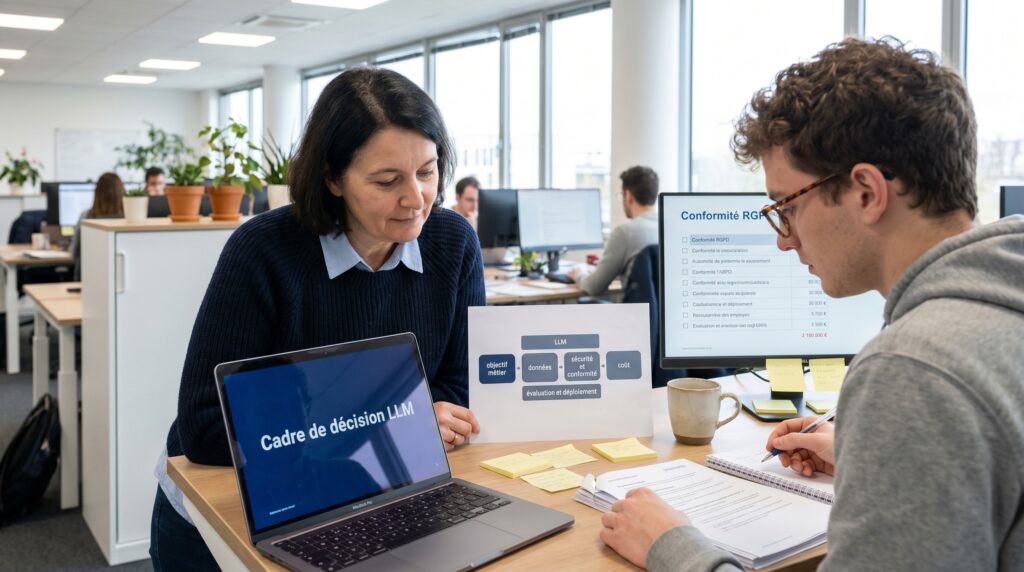 Une femme aide un homme lors d'une session de formation, avec un ordinateur portable et des documents sur un bureau dans un bureau moderne.