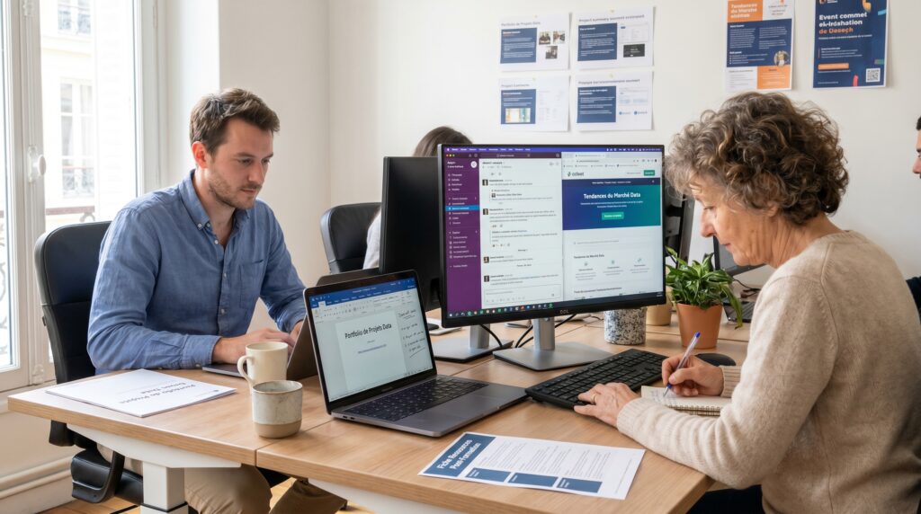 Deux professionnels travaillant ensemble à un bureau, avec des ordinateurs affichant des logiciels de gestion ERP.