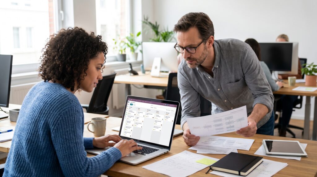 Deux professionnels travaillant ensemble dans un bureau, l'un montrant des documents à l'autre qui utilise un ordinateur portable.