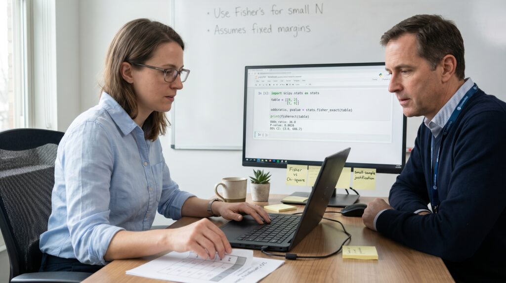 Deux professionnels collaborant sur un ordinateur portable, discutant d'une formation Odoo avec un écran d'ordinateur affichant du code.