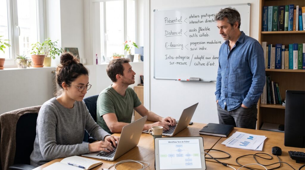 Trois personnes en train de discuter autour d'une table avec des ordinateurs, en contexte de formation sur l'ERP Odoo.