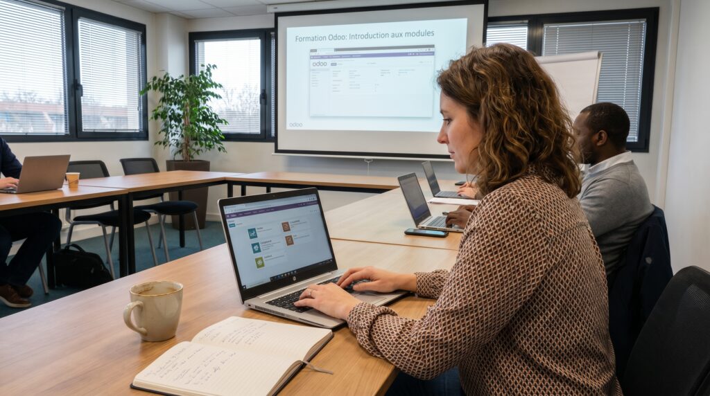 Une participante à une formation Odoo utilise son ordinateur portable, avec un projection sur écran en arrière-plan montrant des données.