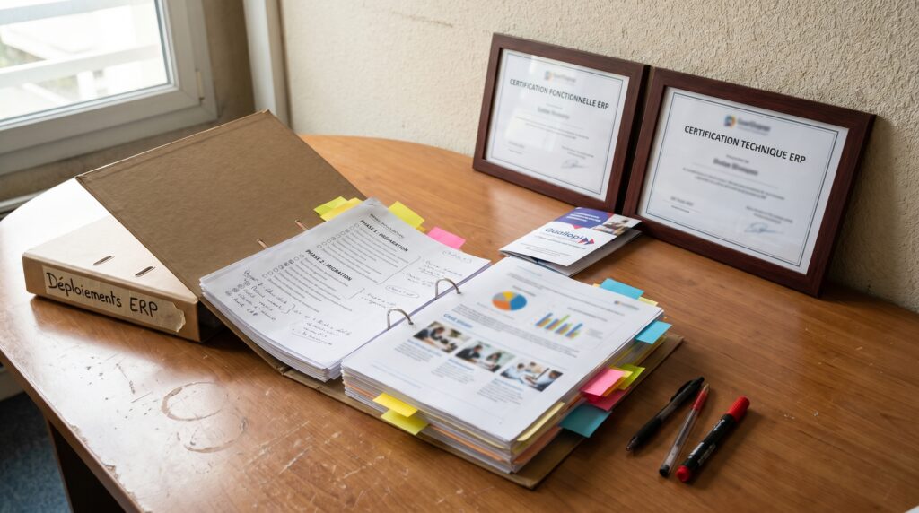Documents de formation Odoo avec classeurs, graphiques et certificats en arrière-plan sur une table en bois.