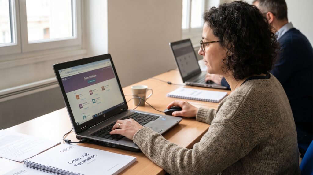 Femme utilisant un ordinateur portable pour une formation Odoo, avec des documents sur la table.