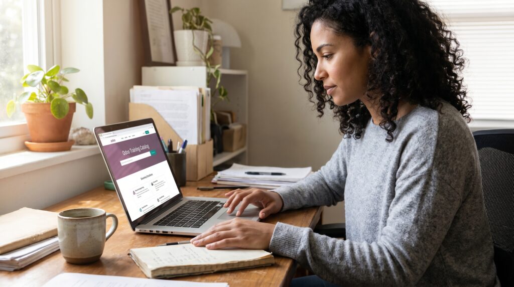 Femme utilisant un ordinateur portable pour une formation sur Odoo, avec des documents et une tasse de café sur son bureau.