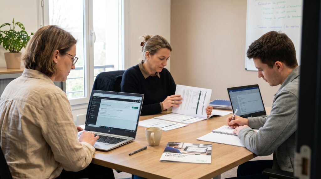 Trois personnes en réunion autour d'une table, travaillant sur des ordinateurs portables et examinant des documents liés à la gestion d'entreprise.