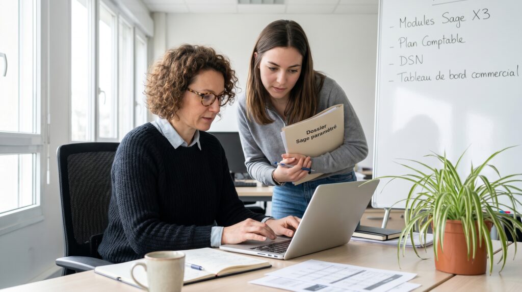 Deux personnes en discussion au travail, l'une montrant un document à l'autre pendant qu'elle utilise un ordinateur portable.