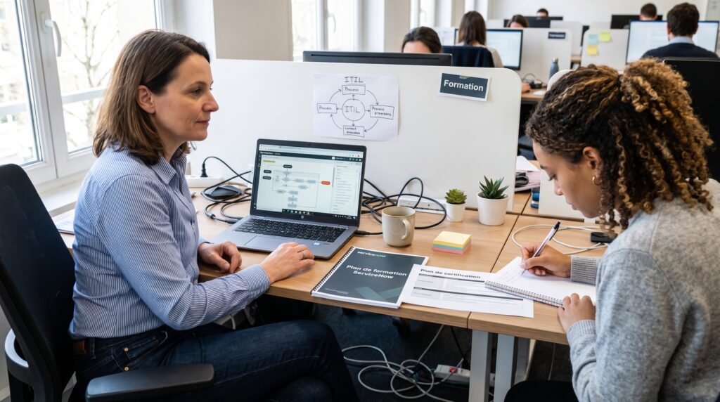 Deux collaboratrices en train de discuter autour d'un ordinateur portable dans un bureau moderne.