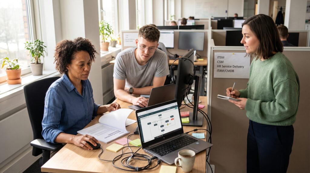 Trois collègues collaborant dans un bureau moderne devant un ordinateur portable, discutant des projets liés à la plateforme ServiceNow.