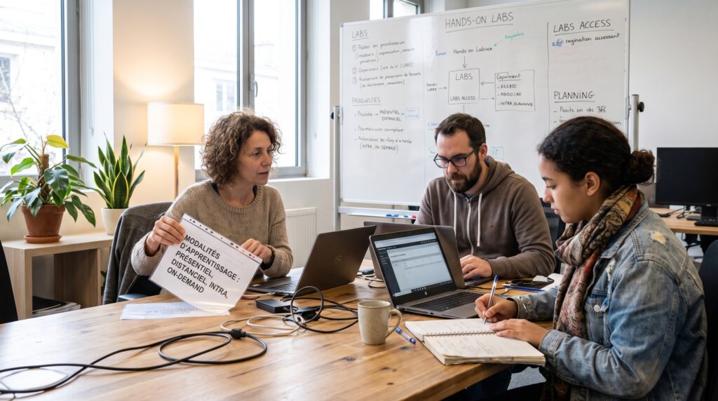 Trois personnes collaborant dans une salle de réunion, discutant autour de leur formation sur la plateforme ServiceNow, avec des ordinateurs et des notes sur la table.