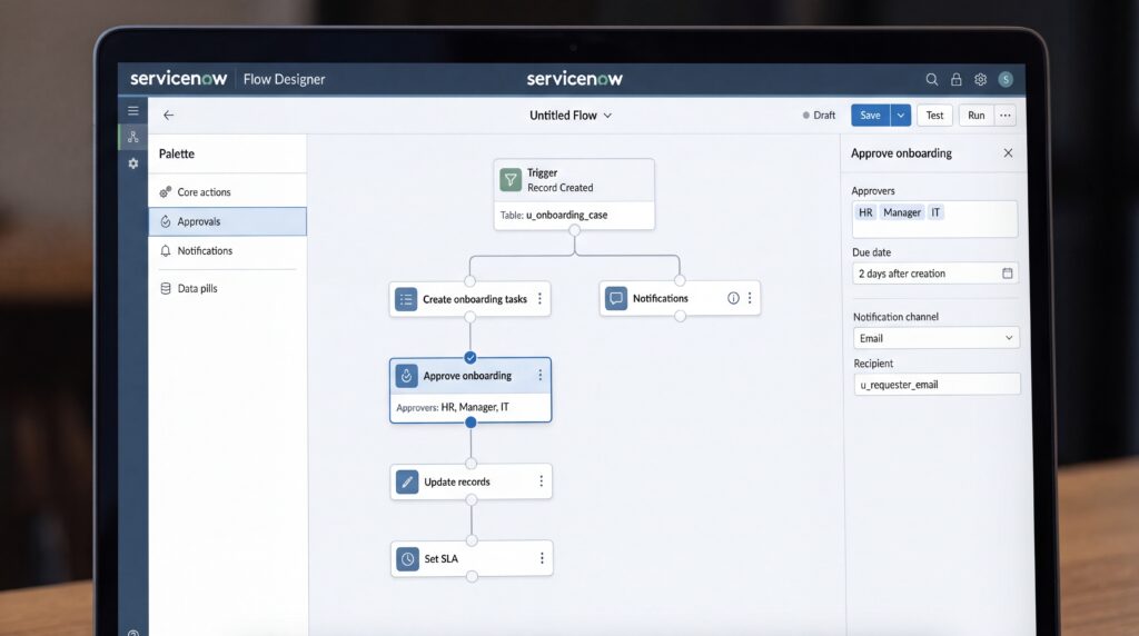 Capture d'écran d'une interface utilisateur de la plateforme ServiceNow montrant la conception de flux de travail pour la gestion des services IT.