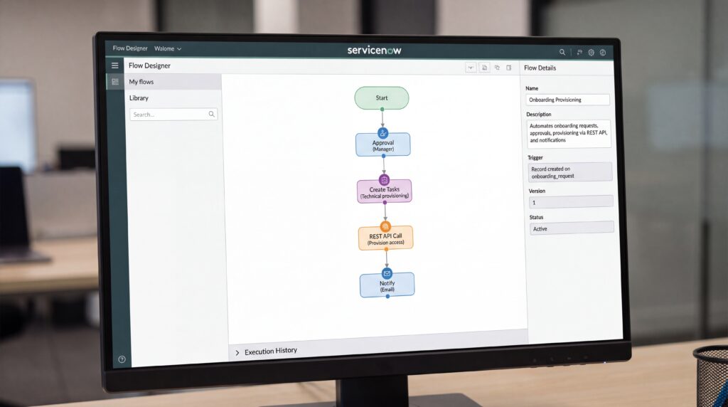 Écran montrant une interface de conception de flux sur la plateforme ServiceNow, avec des étapes illustrées en couleurs.