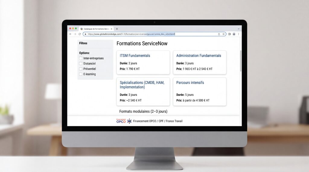 Écran d'ordinateur affichant l'interface de formation ServiceNow avec divers modules et options.