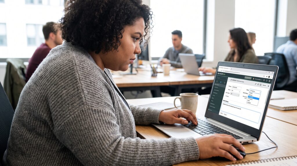 Femme utilisant un ordinateur portable pour une formation sur la plateforme cloud de services IT, avec des collègues en arrière-plan.
