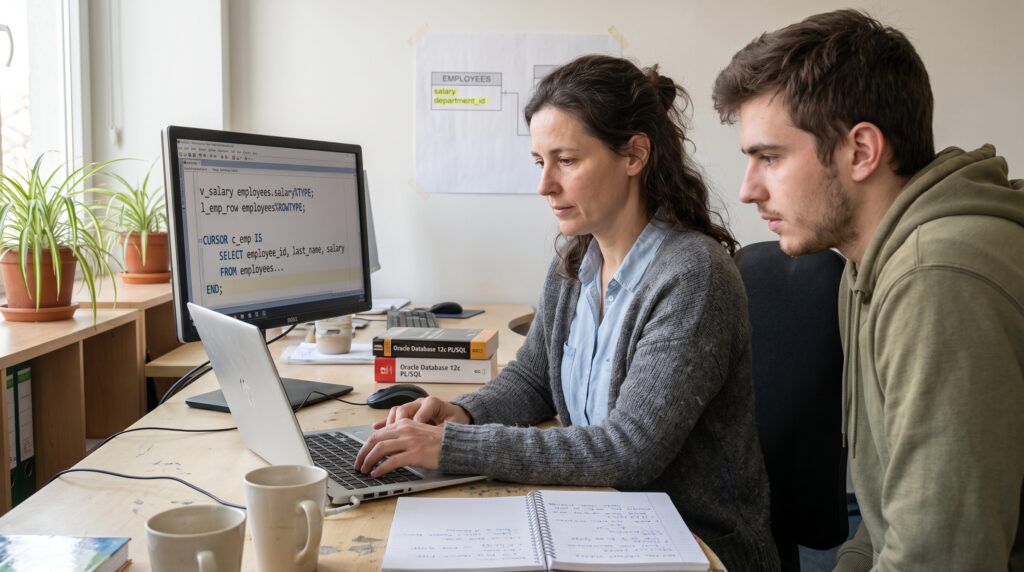 Deux personnes travaillant ensemble sur un ordinateur portable, en discutant de la programmation PL/SQL pour la gestion des bases de données Oracle.