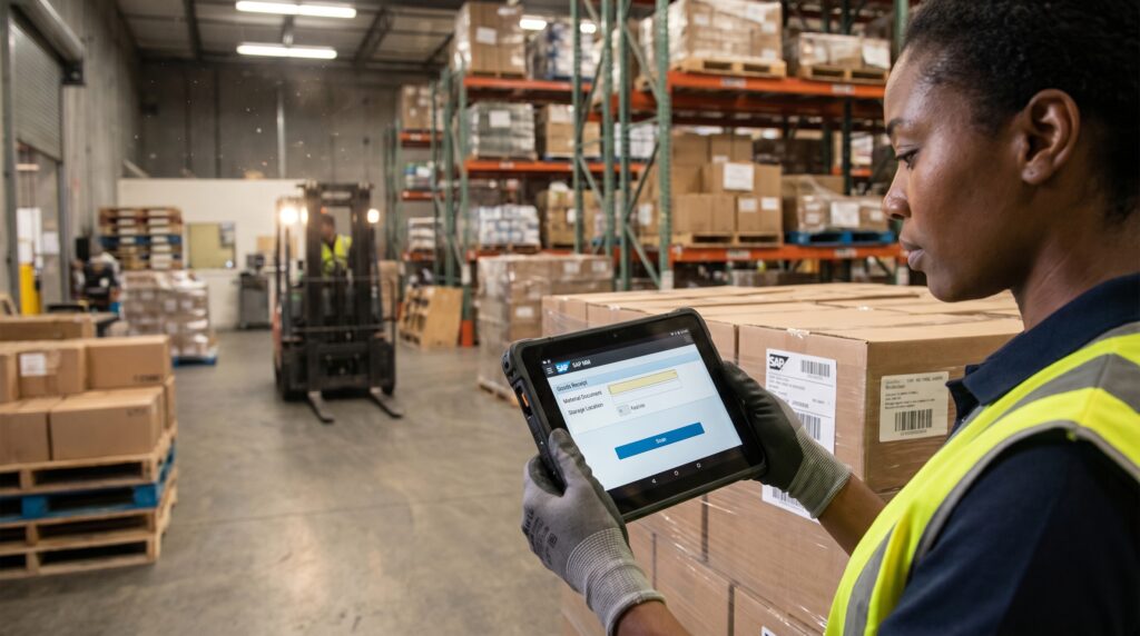 Employée utilisant une tablette pour gérer les stocks dans un entrepôt.
