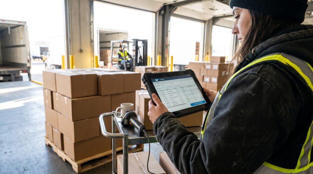 Employée utilisant une tablette pour gérer les inventaires dans un entrepôt avec des palettes de cartons en arrière-plan.