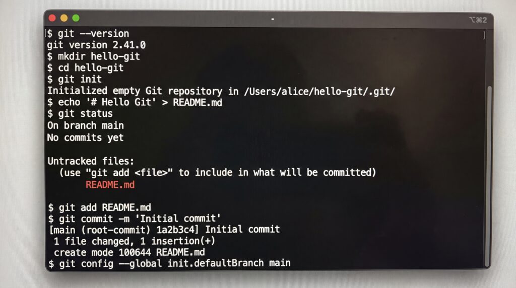 Capture d'écran montrant des instructions Git dans le terminal, incluant des commandes comme 'git init' et 'git commit'.