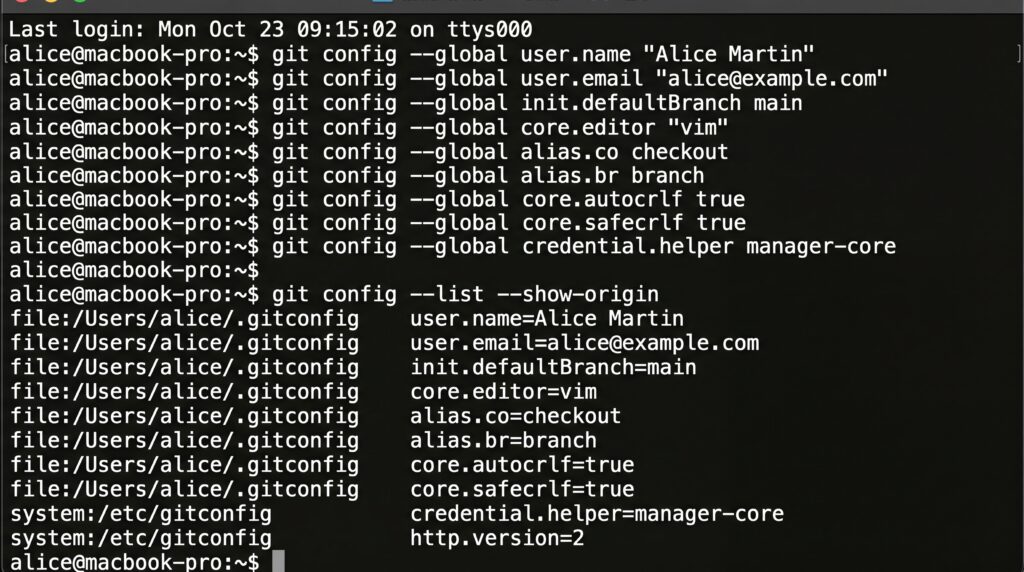 Capture d'écran d'un terminal montrant des commandes Git utilisées par un développeur.